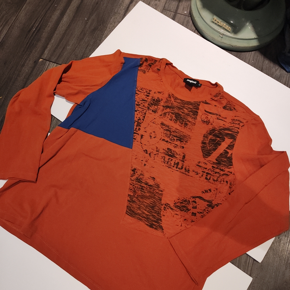 Desigual Orange and Blue Graphic Patchwork Crewneck Sweater